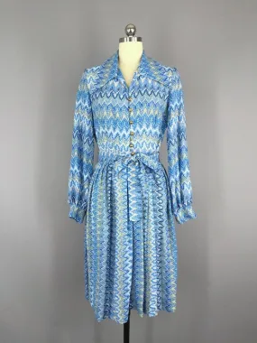 1970s Vintage Blue Knit Day Dress