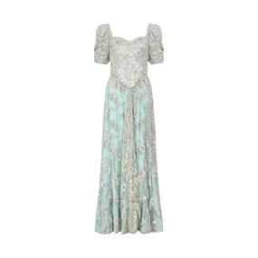 1990s Bespoke Embellished Lace and Crystal Turquoise Dress