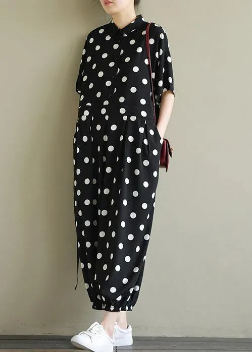 2019 Fine black dotted lapel half sleeve jumpsuit pants