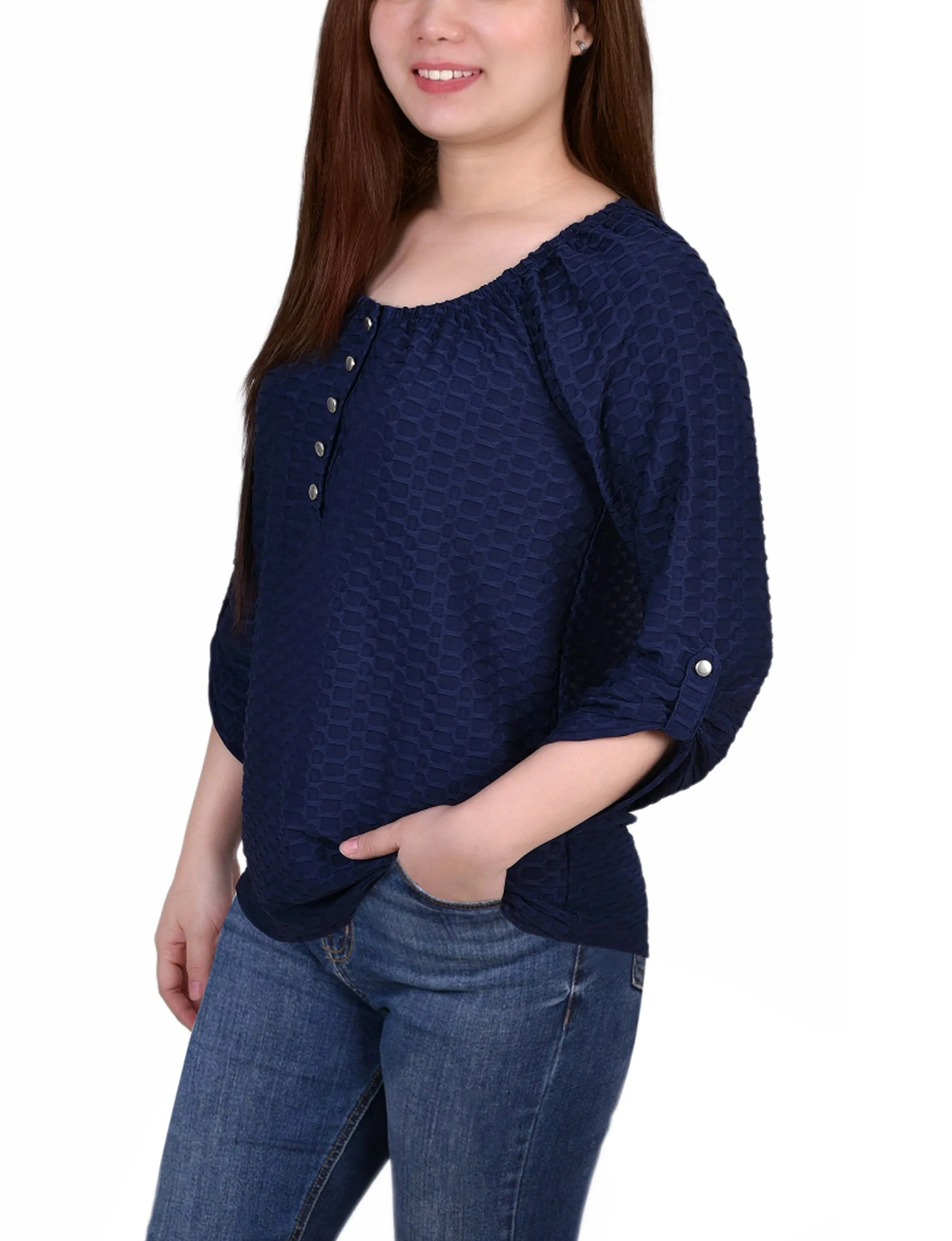 3/4 Sleeve Honeycomb Henley Top