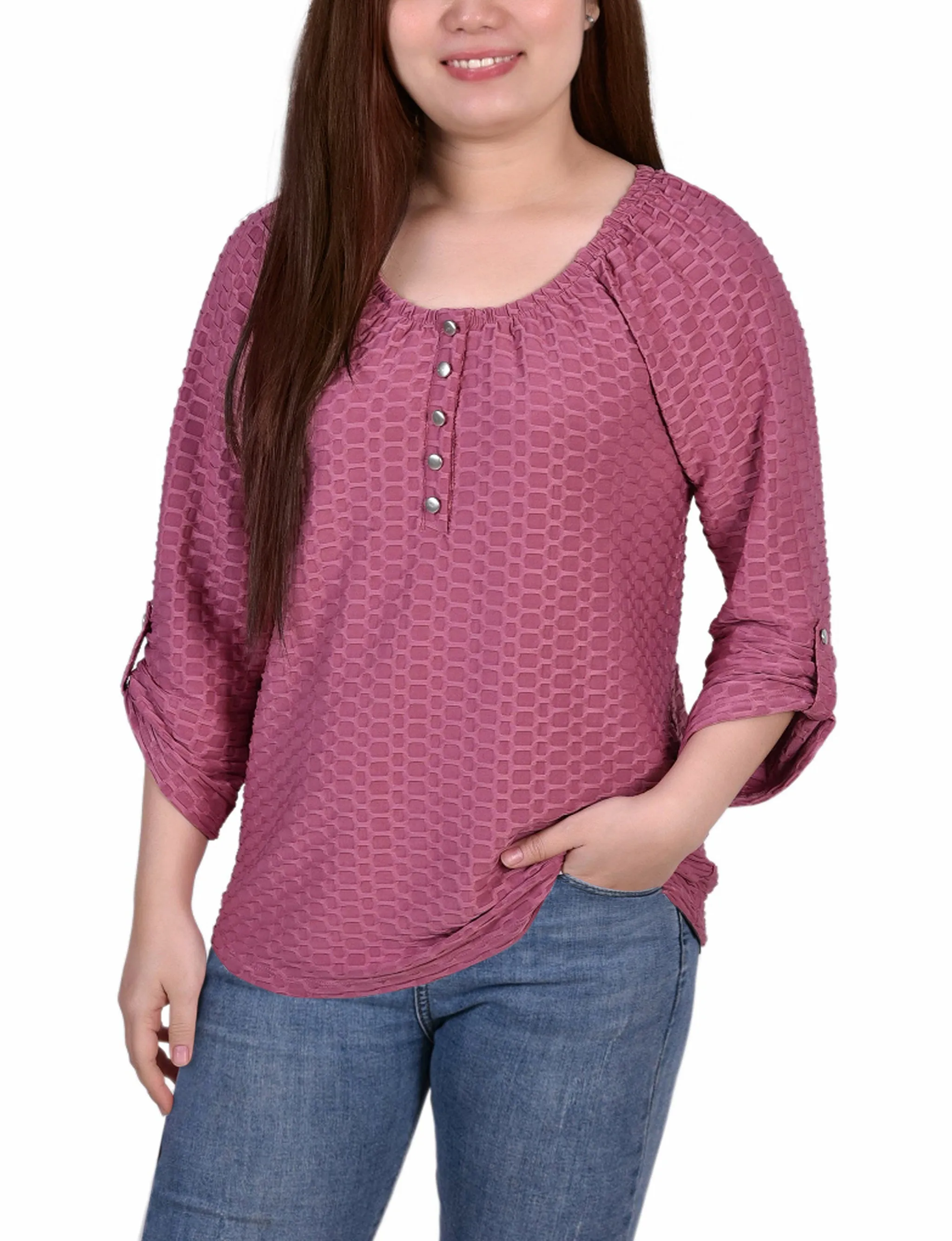 3/4 Sleeve Honeycomb Henley Top