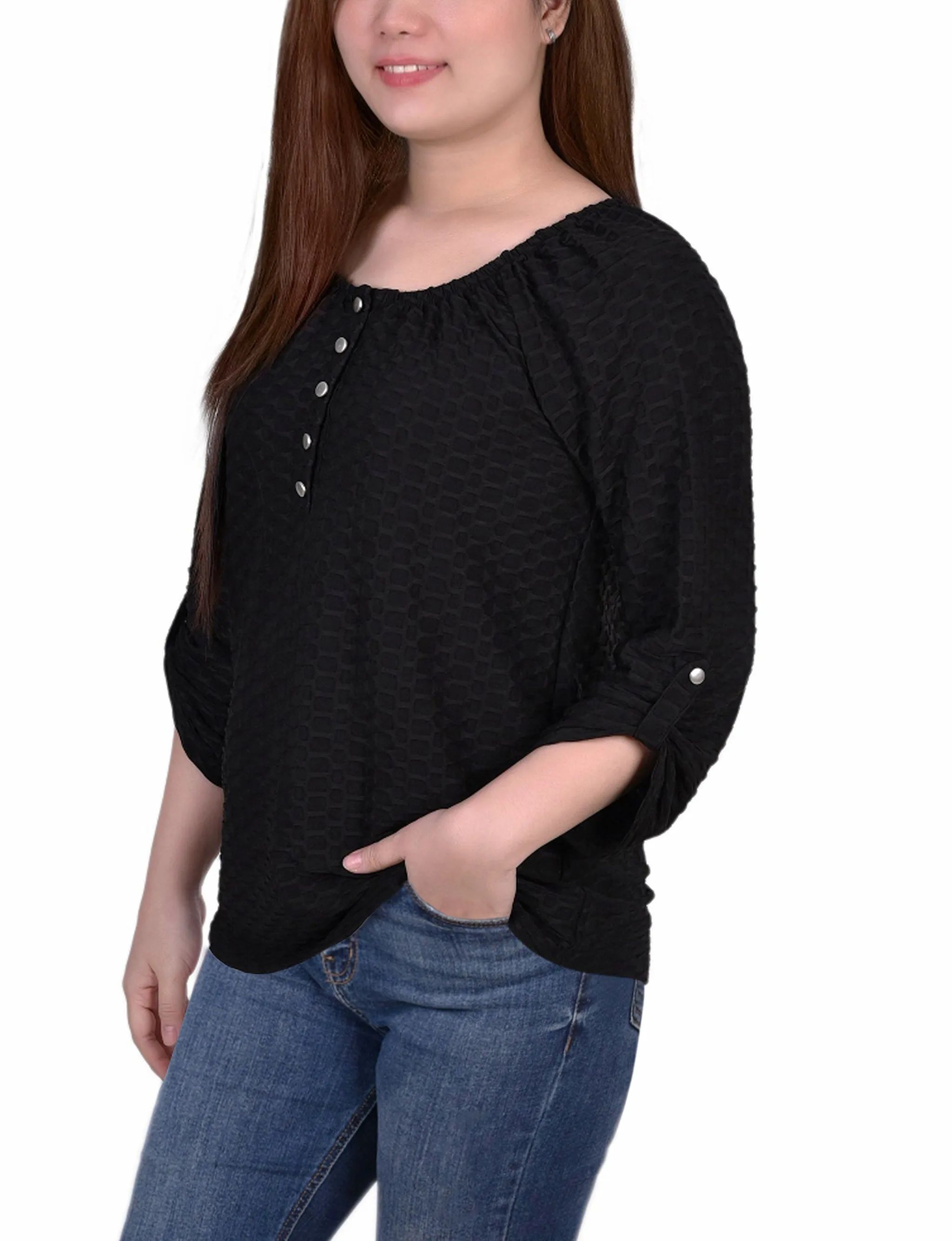 3/4 Sleeve Honeycomb Henley Top