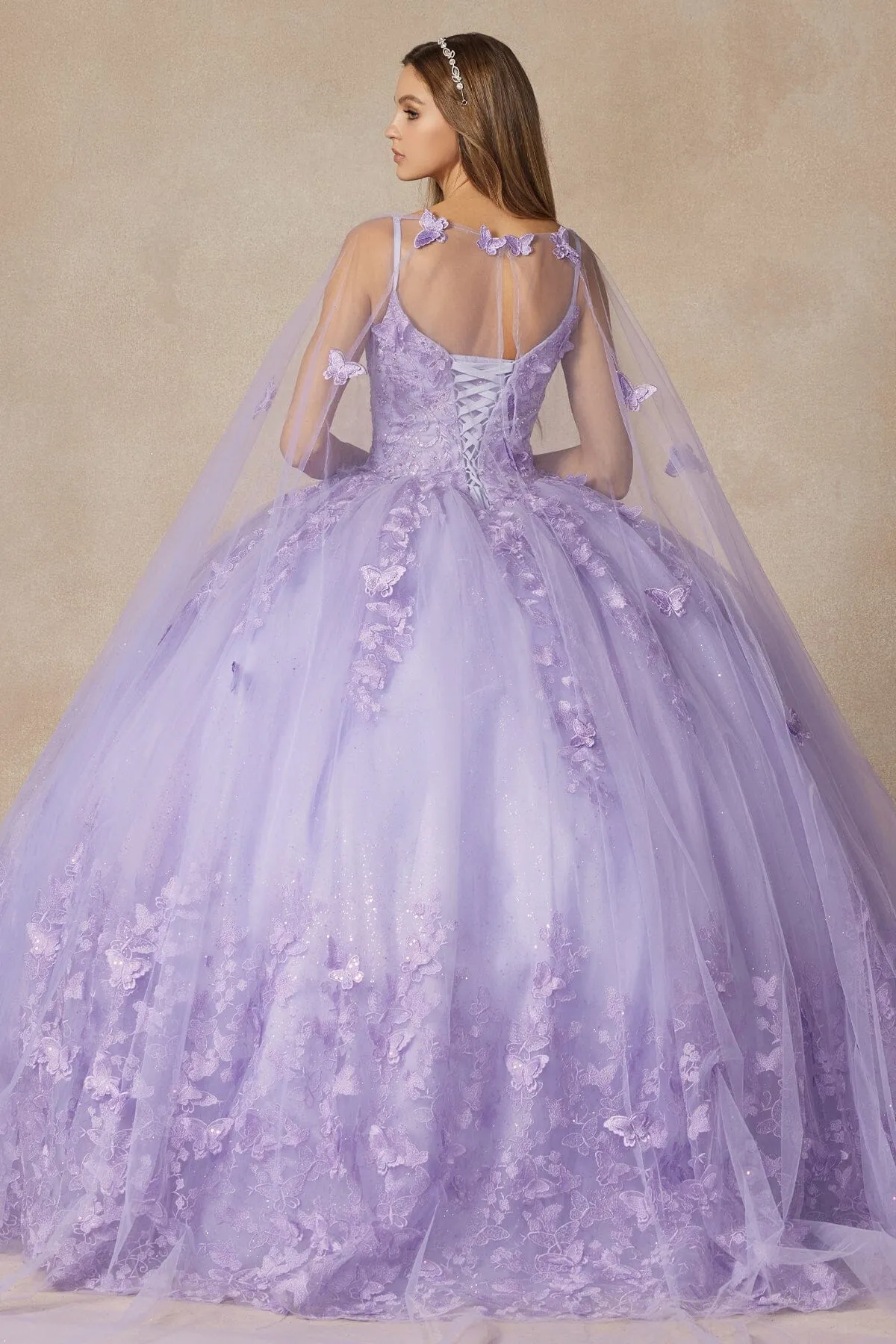 3D Butterfly Sleeveless Cape Ball Gown by Juliet 1442