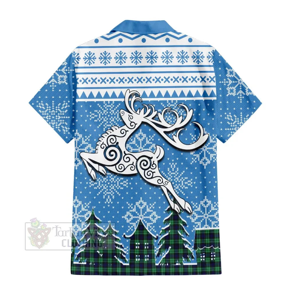 Abercrombie Clan Christmas Short Sleeve Button Shirt Celtic Reindeer Style