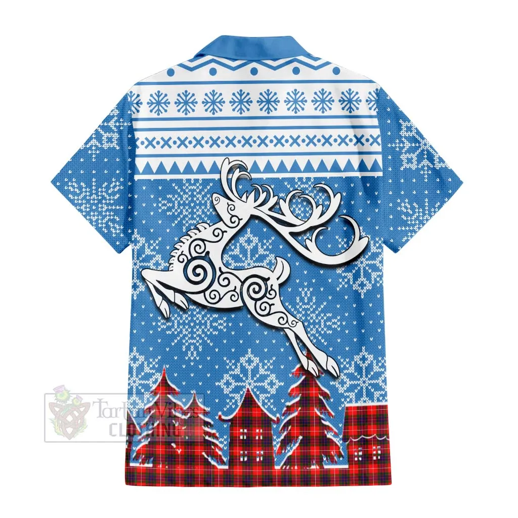 Abernethy Clan Christmas Short Sleeve Button Shirt Celtic Reindeer Style