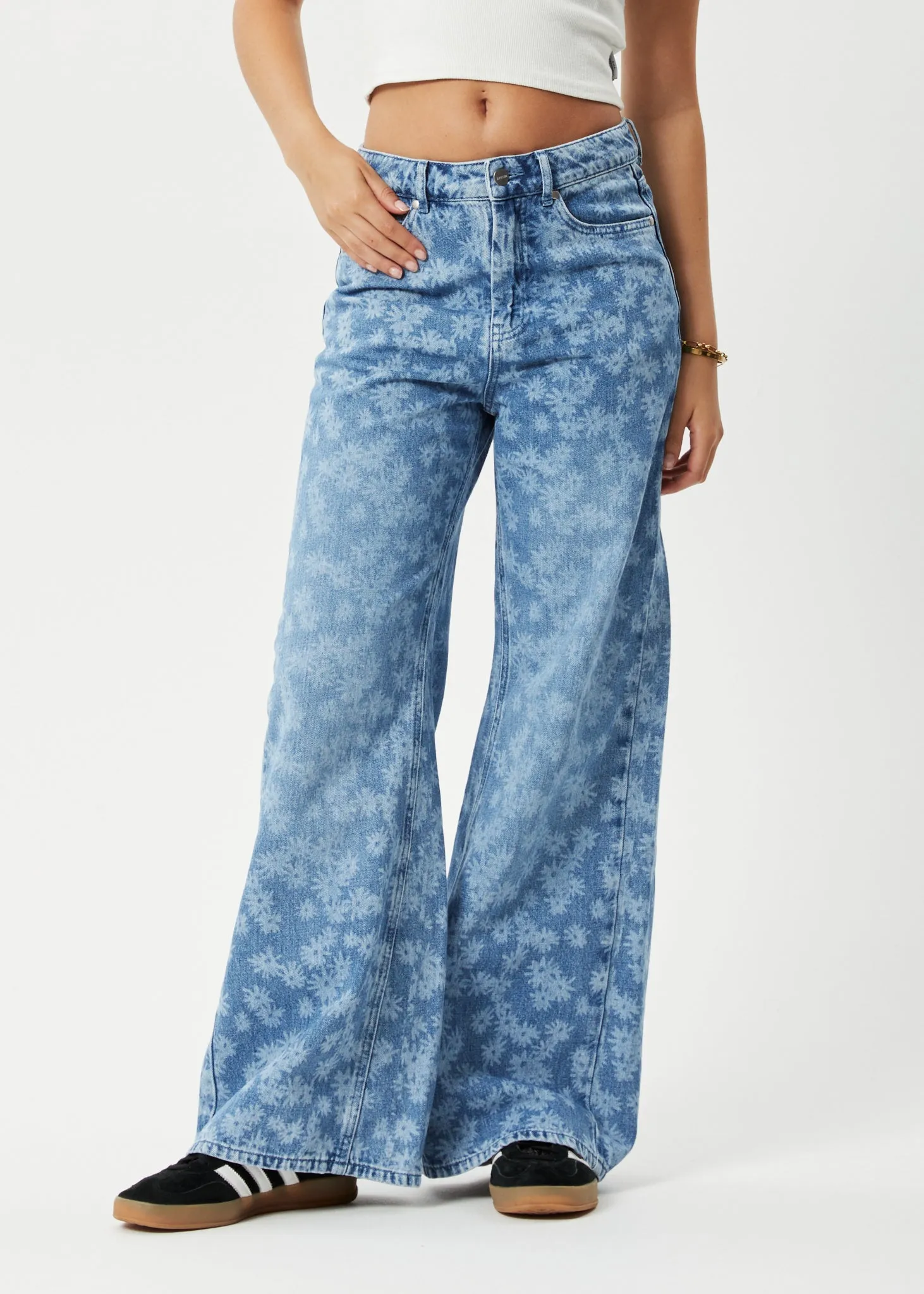 AFENDS Womens Fink Gigi - Denim Flared Jeans - Worn Blue Daisy