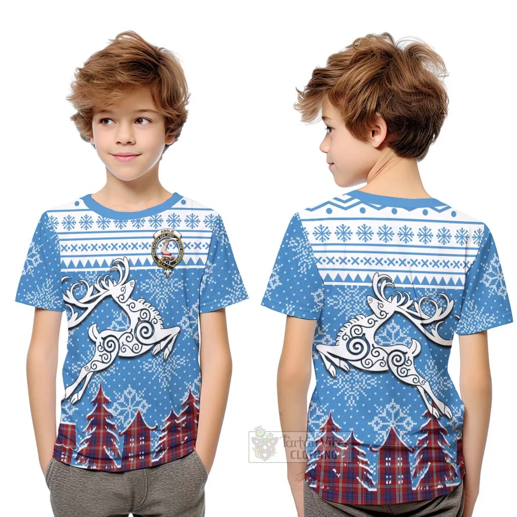 Ainslie Clan Christmas Kid T-Shirt Celtic Reindeer Style