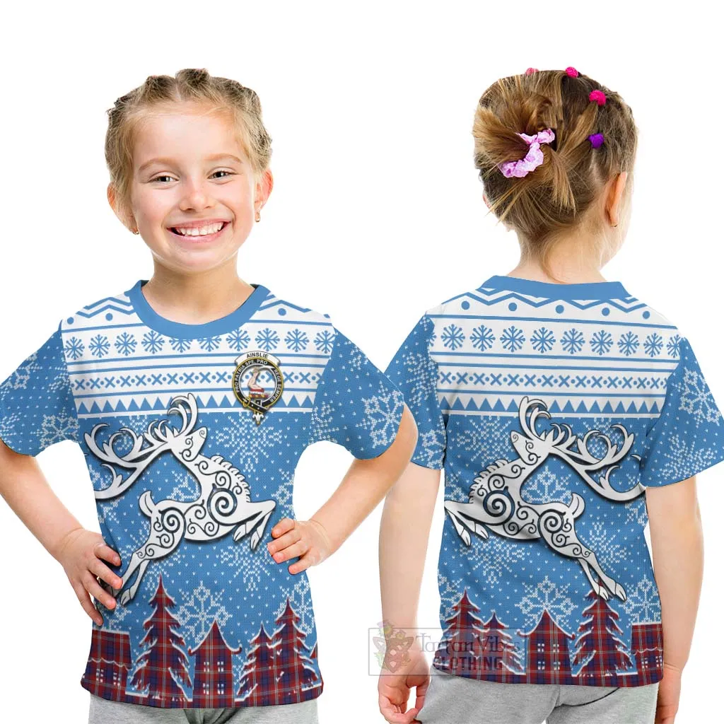 Ainslie Clan Christmas Kid T-Shirt Celtic Reindeer Style