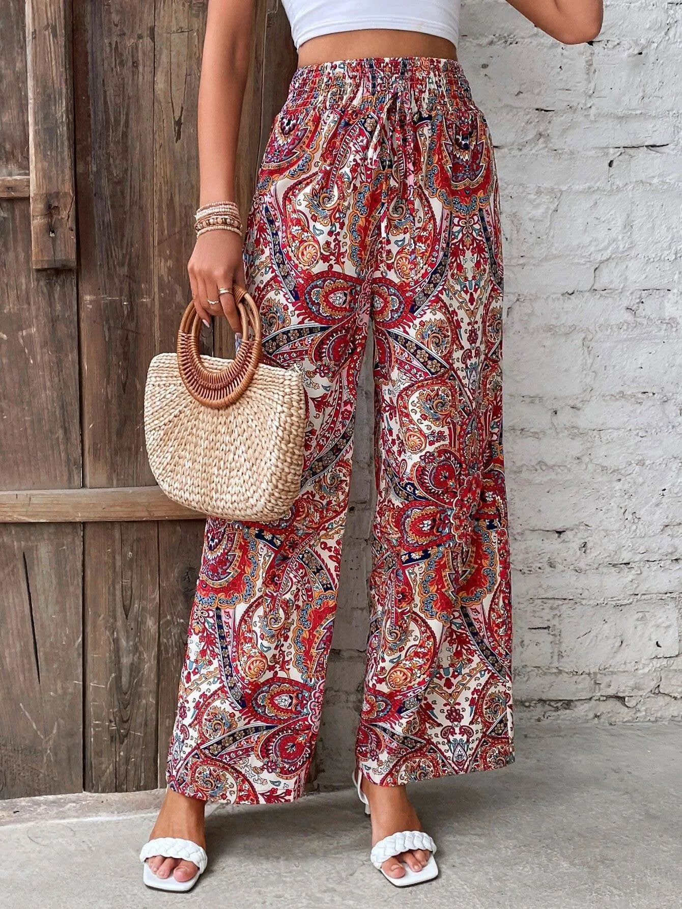 ALL-IN-ONE PRINTED ELASTIC-WAISTED WIDE-LEG PANTS_CWBLP0723