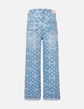 Allover and Gradient Seagull and Logo Wide-leg Fit Jeans