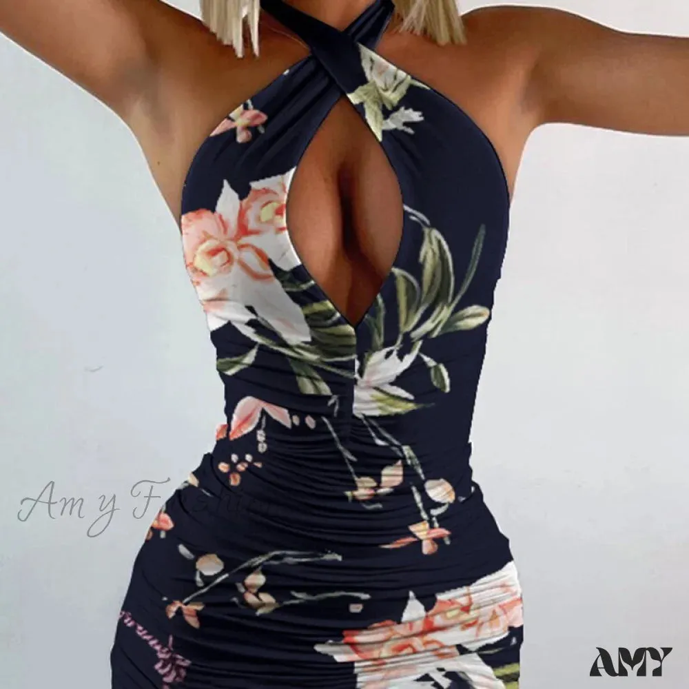 Amy Fashion - Halter Cut-Out Ruched Floral Print Bodycon Mini Dress