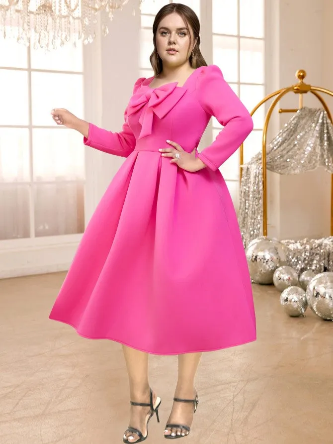 AOMEIDRESS Pink A Line Dress Square Collar Long Sleeve Lovely Bowtie