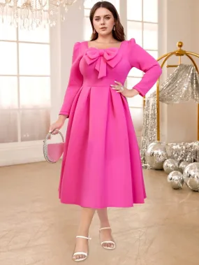 AOMEIDRESS Pink A Line Dress Square Collar Long Sleeve Lovely Bowtie