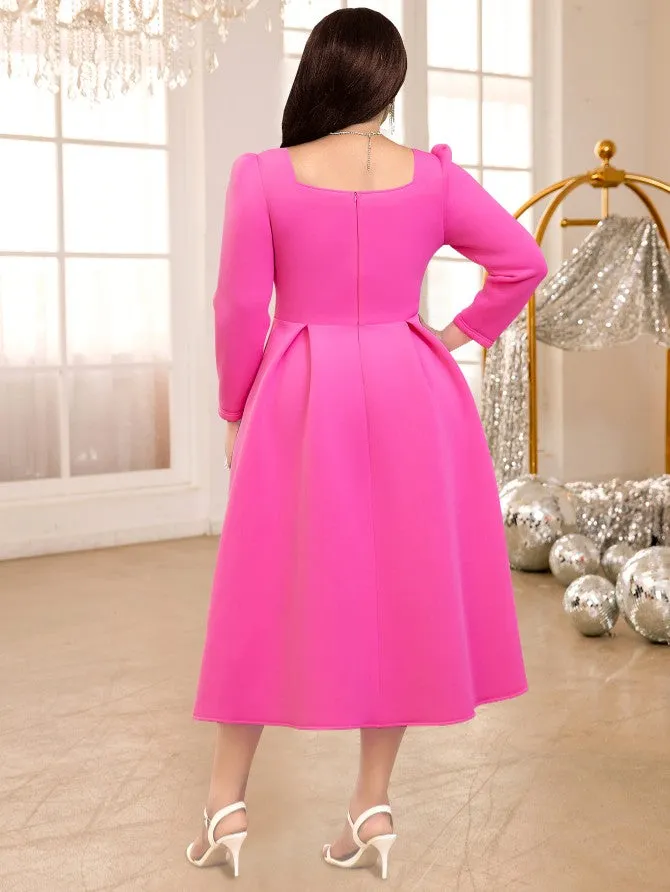 AOMEIDRESS Pink A Line Dress Square Collar Long Sleeve Lovely Bowtie