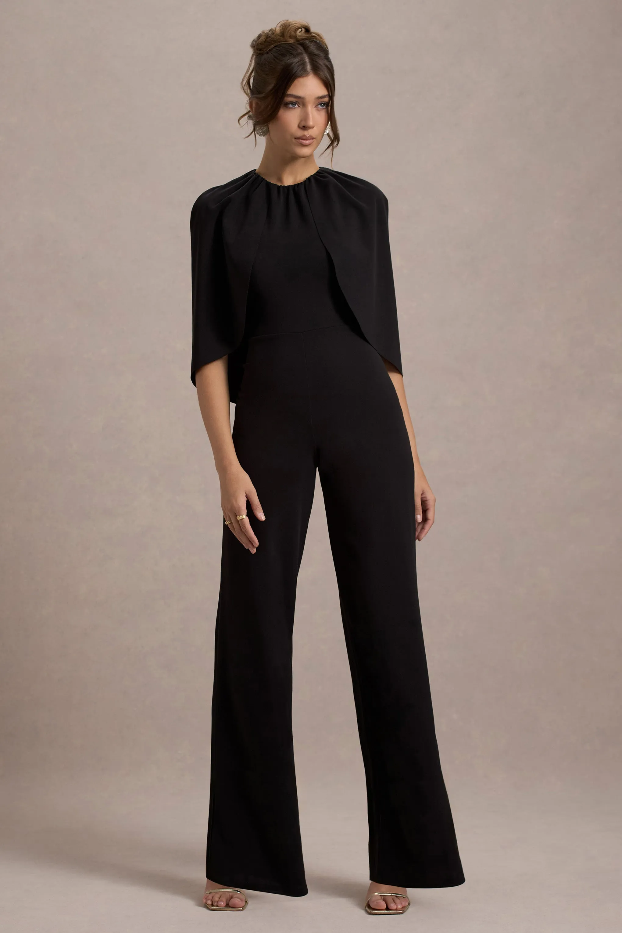 Arbor | Black Cape-Sleeve Straight-Leg Jumpsuit