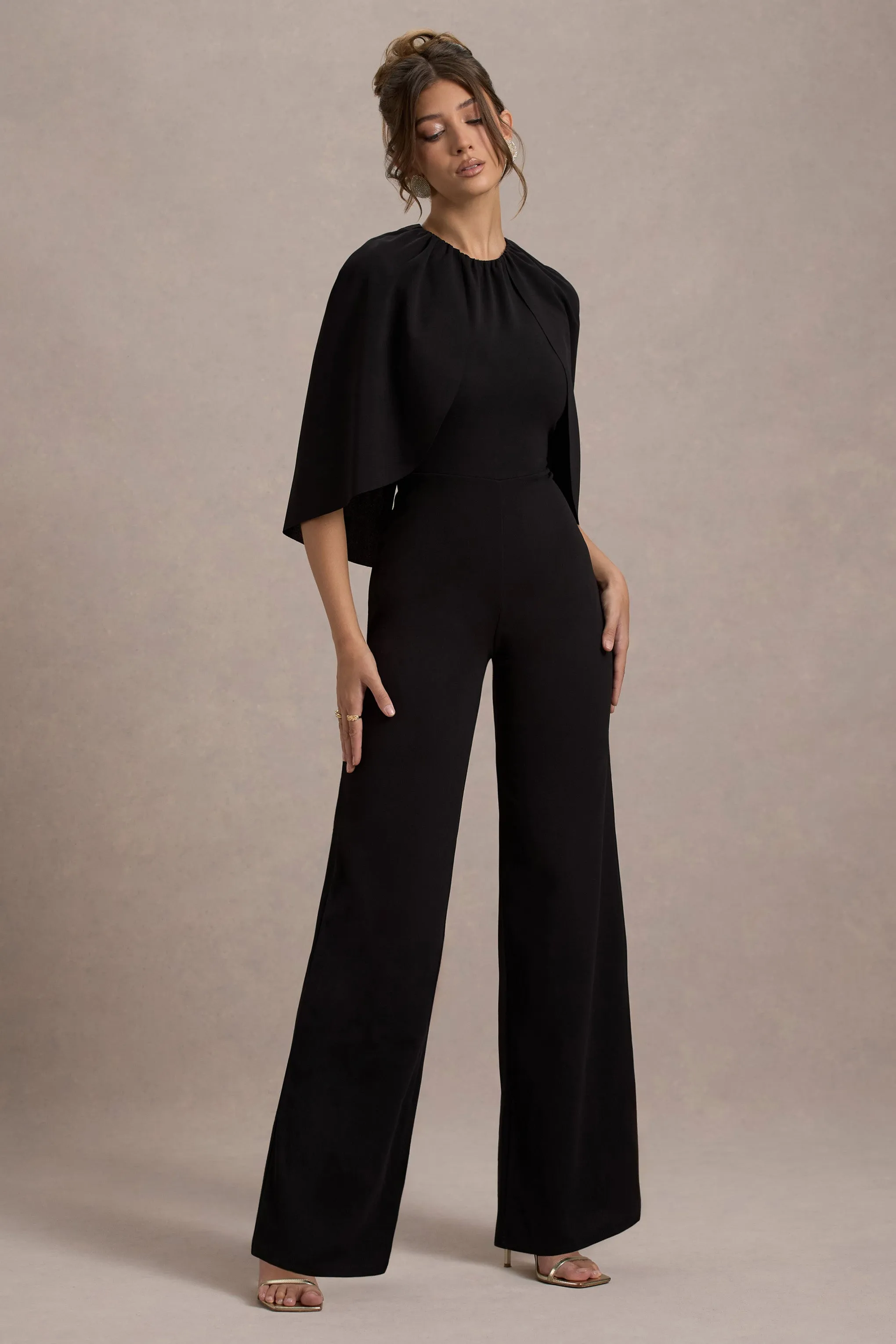 Arbor | Black Cape-Sleeve Straight-Leg Jumpsuit