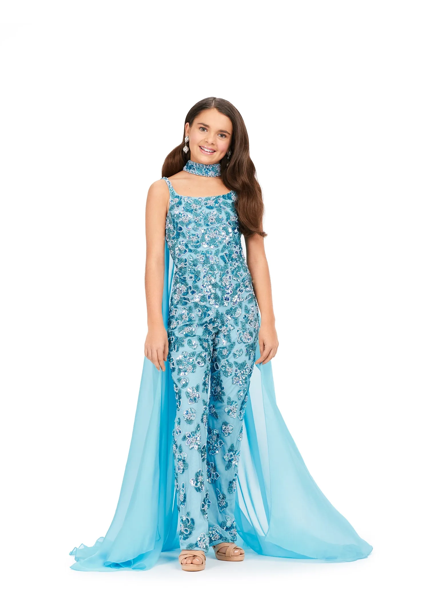 Ashley Lauren Kids 8190 Fully Beaded With Beaded Choker And Chiffon Cape Jumpsuit