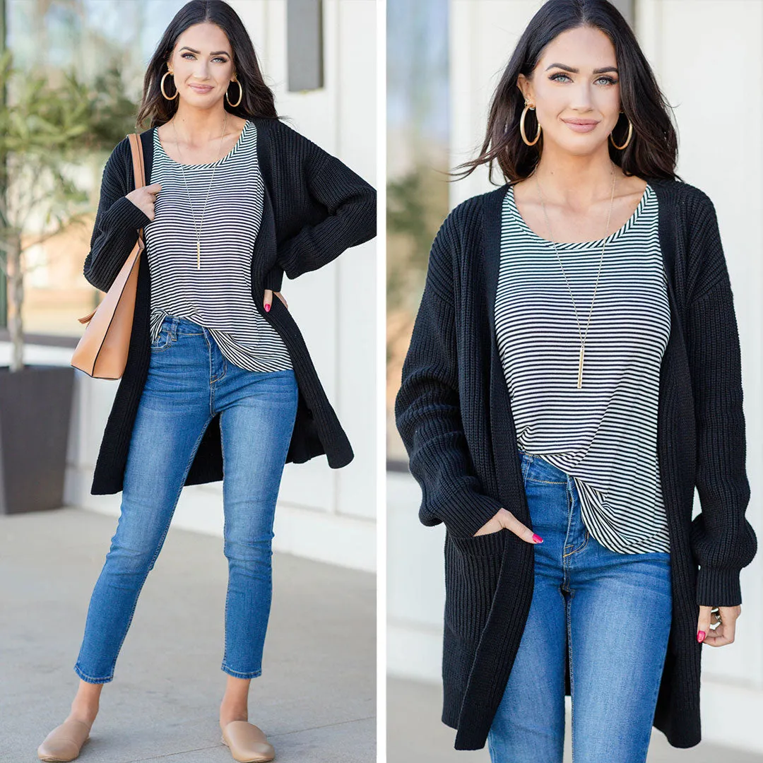 Been Here Waiting Classic Black Long Cardigan