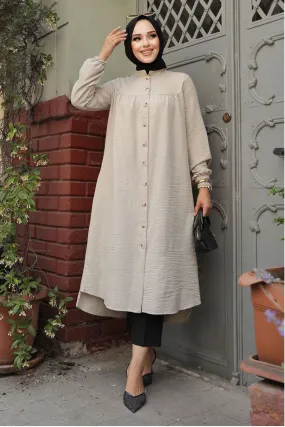 Beige Button Down Tunic Top