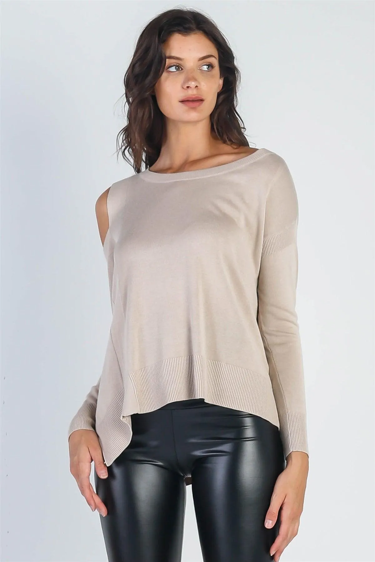 Beige Knit Cold Shoulder Long Sleeve Top /2-2-1