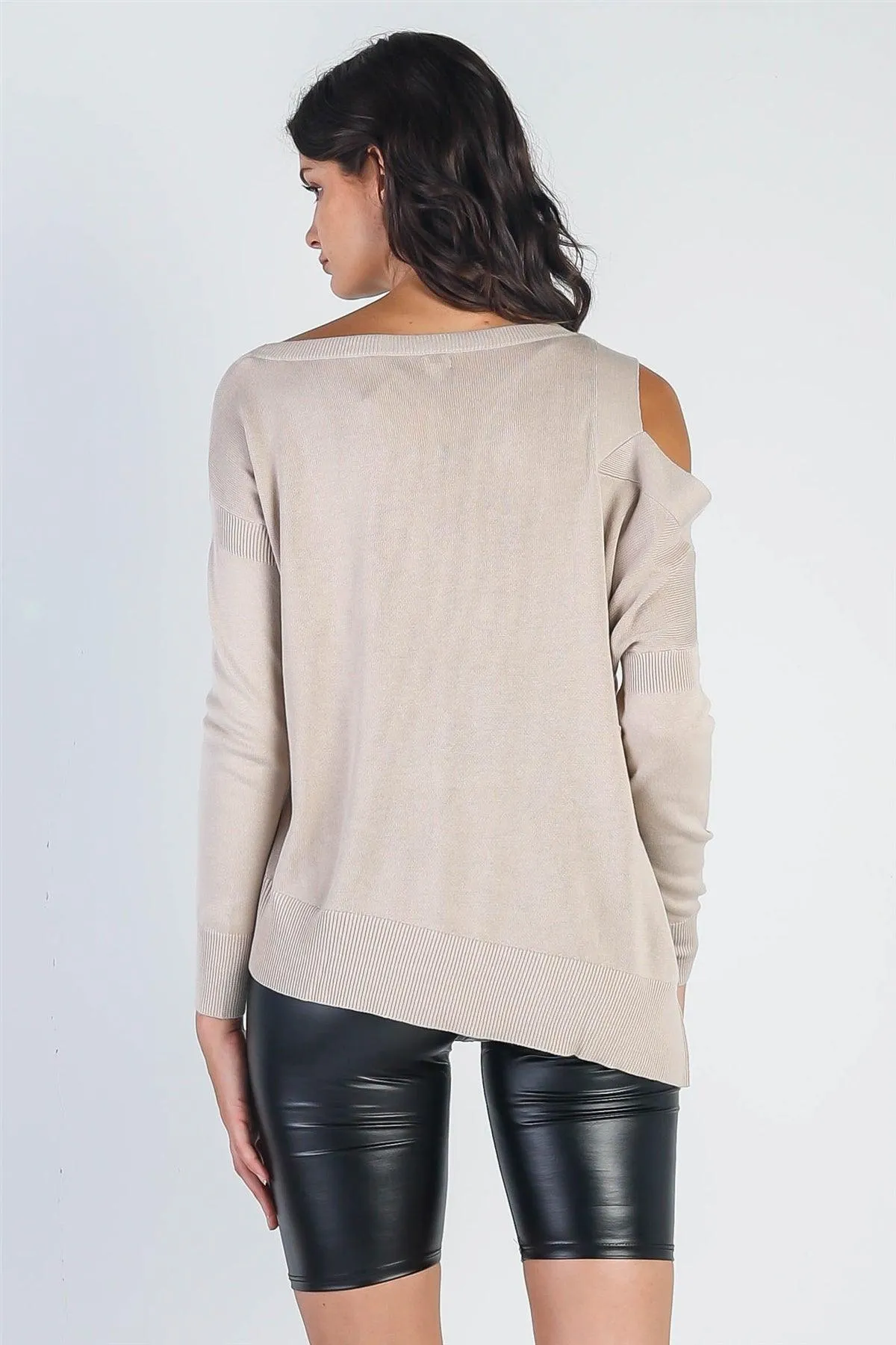 Beige Knit Cold Shoulder Long Sleeve Top /2-2-1