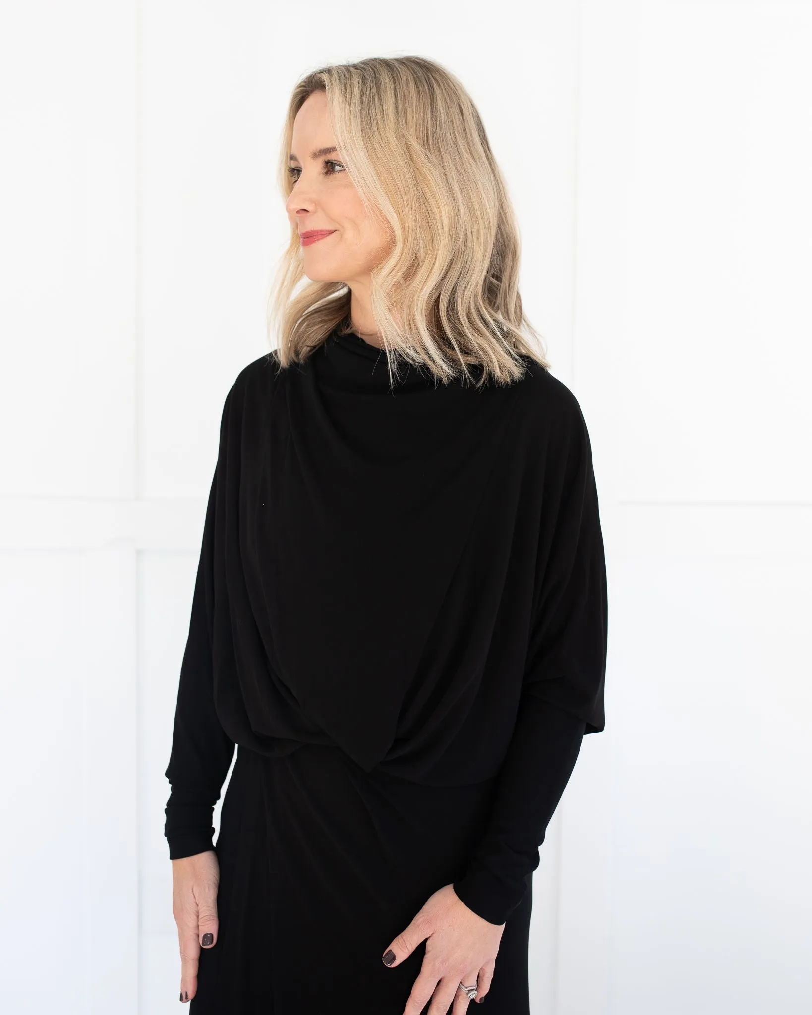 Black Long Sleeve Drape Dress