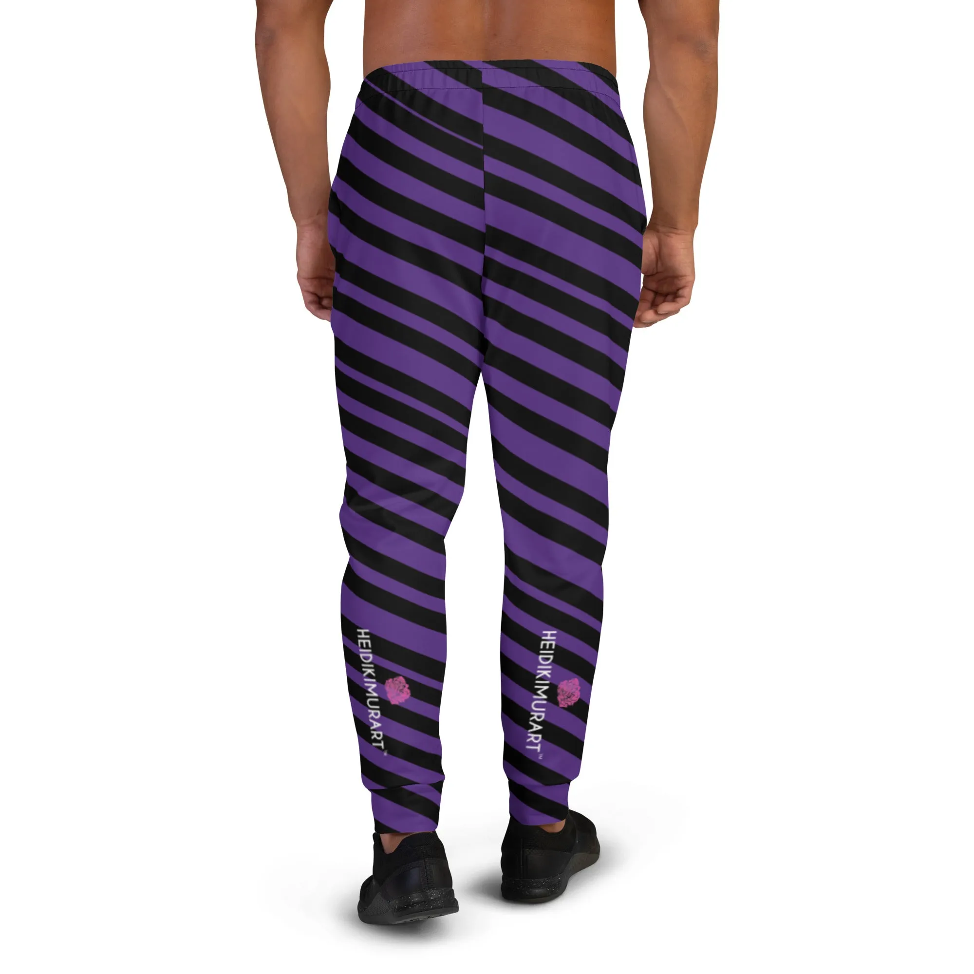 Black Purple Stripes Men's Joggers, Diagonally Striped Men's Sweatpants Joggers-Made in USA/EU/MX