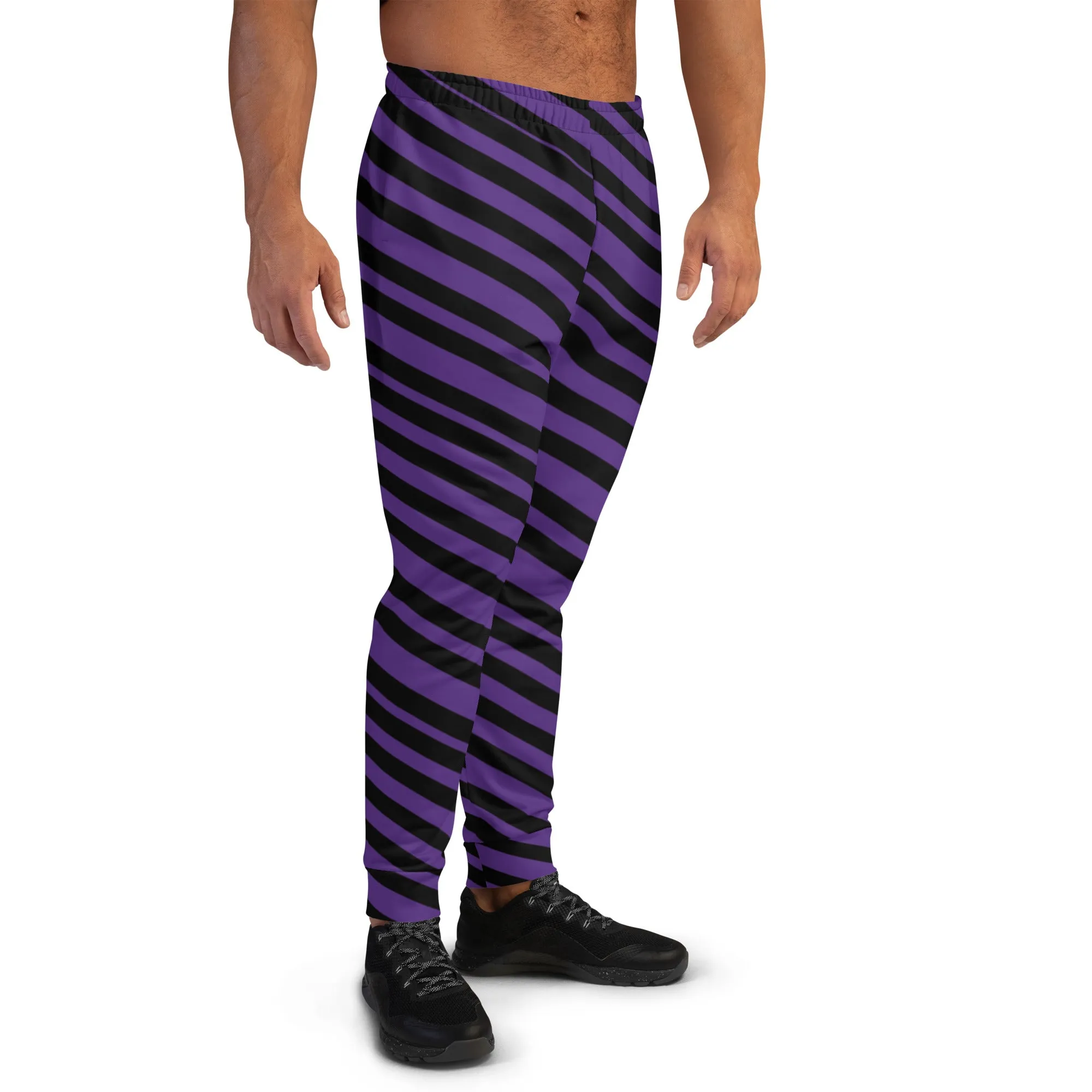 Black Purple Stripes Men's Joggers, Diagonally Striped Men's Sweatpants Joggers-Made in USA/EU/MX