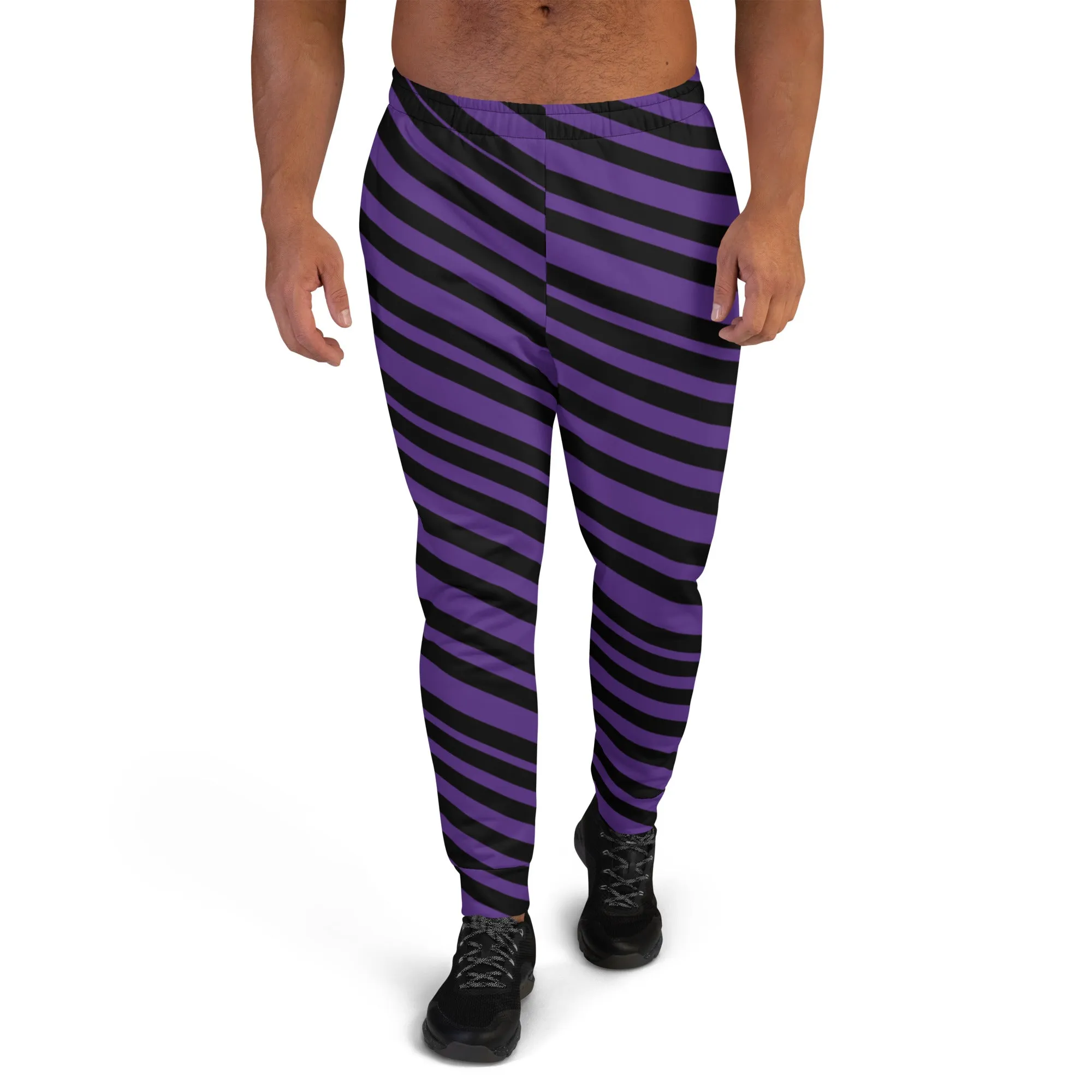 Black Purple Stripes Men's Joggers, Diagonally Striped Men's Sweatpants Joggers-Made in USA/EU/MX