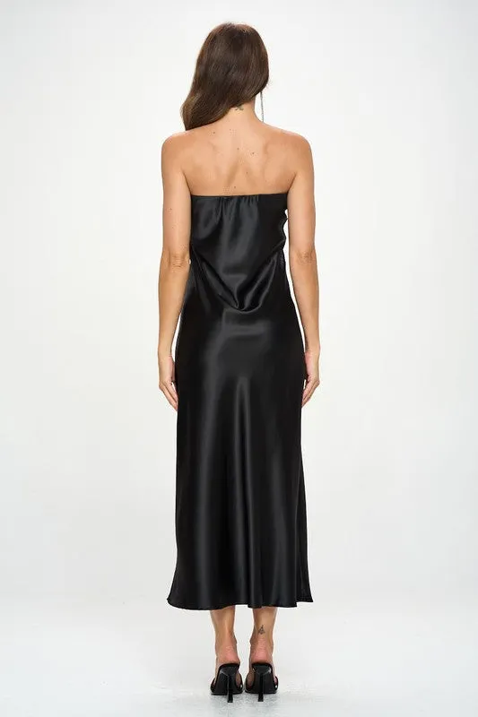 Black Strapless Satin Maxi Dress New Women's Fashion Made in USA Formal Silky Satin Tube Draped Dress.