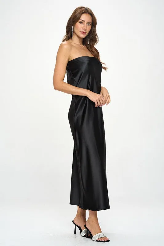 Black Strapless Satin Maxi Dress New Women's Fashion Made in USA Formal Silky Satin Tube Draped Dress.