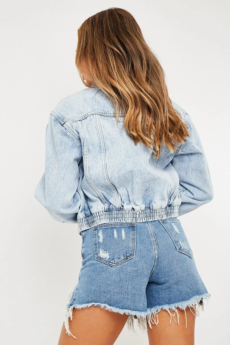 Blue Acid Wash Elasticated Hem Denim Jacket - Freja