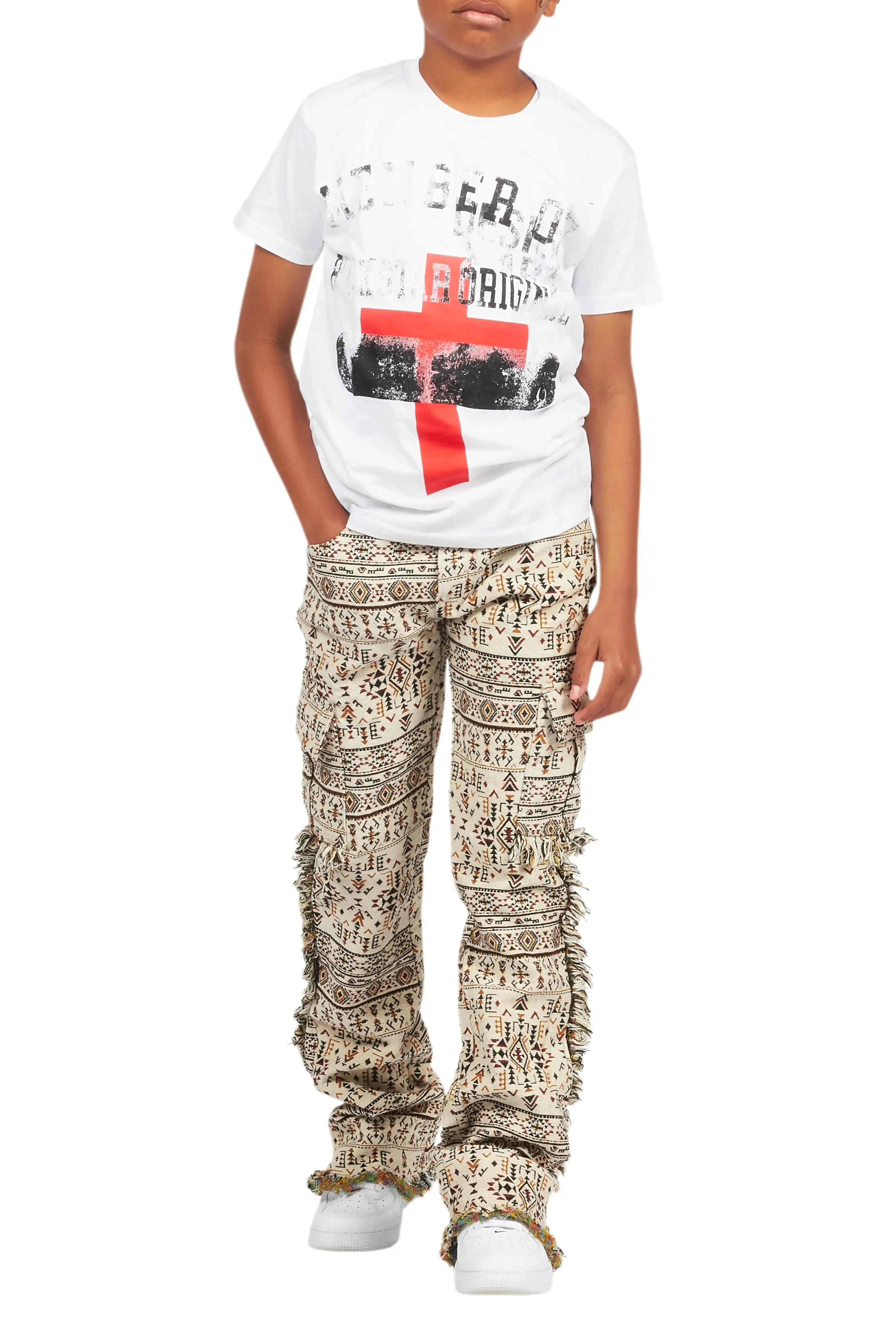 Boys Ayami Beige Slim Tapestry Flare Pants