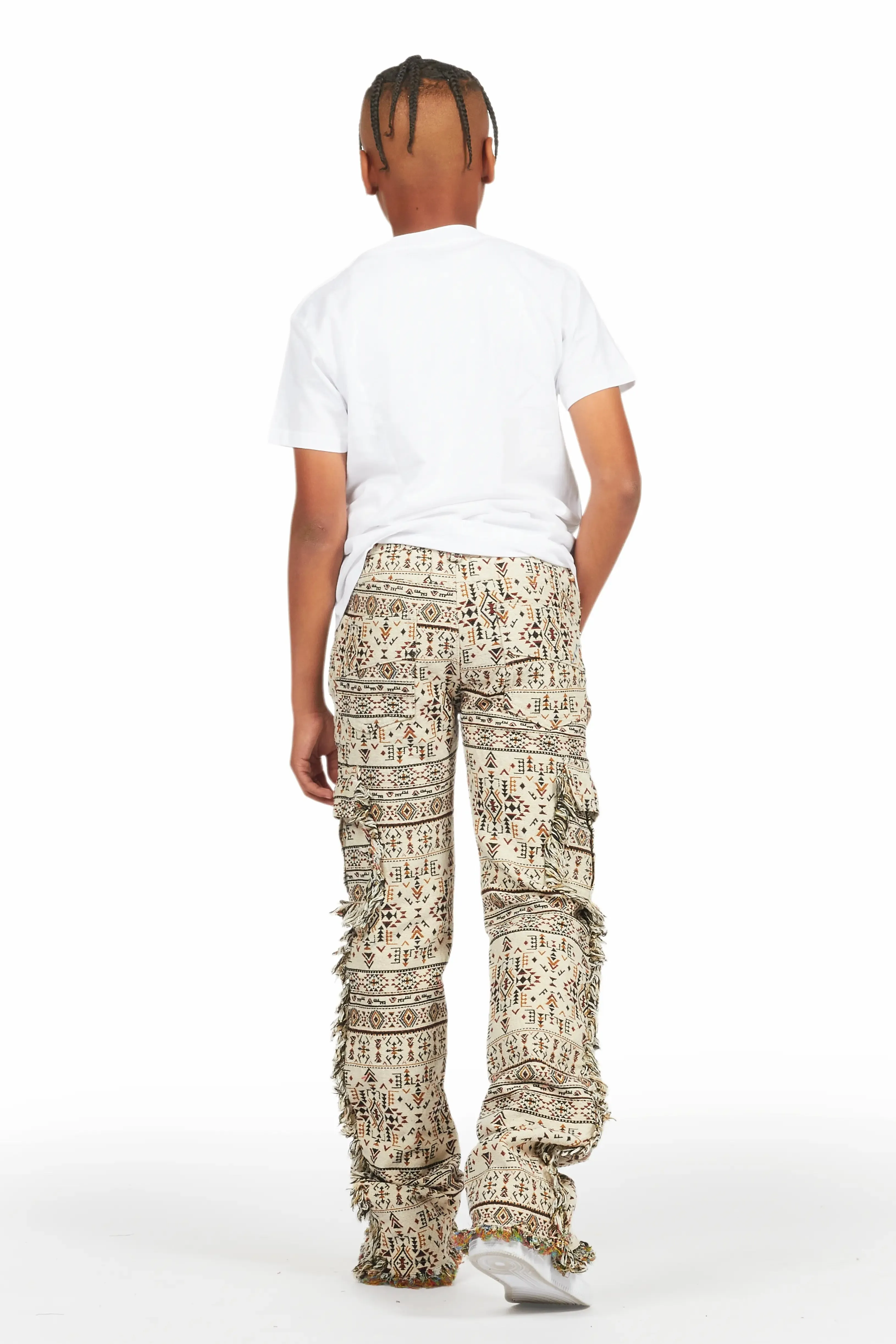 Boys Ayami Beige Slim Tapestry Flare Pants