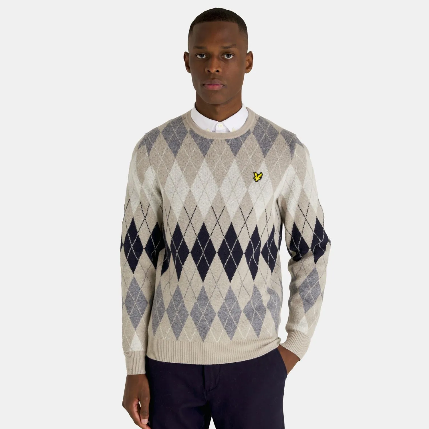 British Argyle Cotton Pique Crew Neck Jumper Cove - AW23