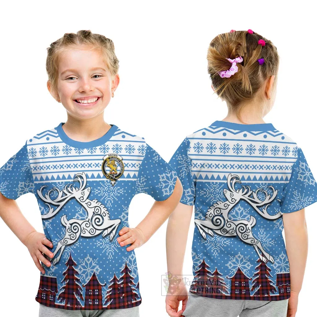 Brown (Broun) Clan Christmas Kid T-Shirt Celtic Reindeer Style