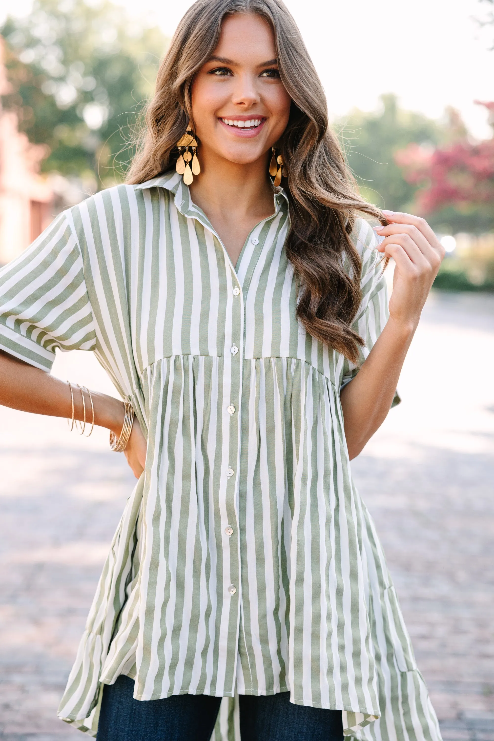 Can't Leave You Behind Olive Green Striped Tunic