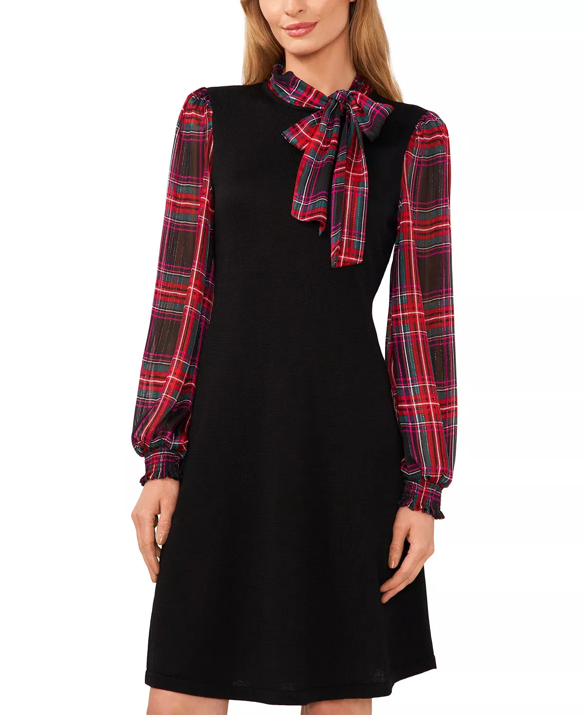 CeCe Tartan Bow Tie-Neck & Sleeve Mixed Media Sweater Dress