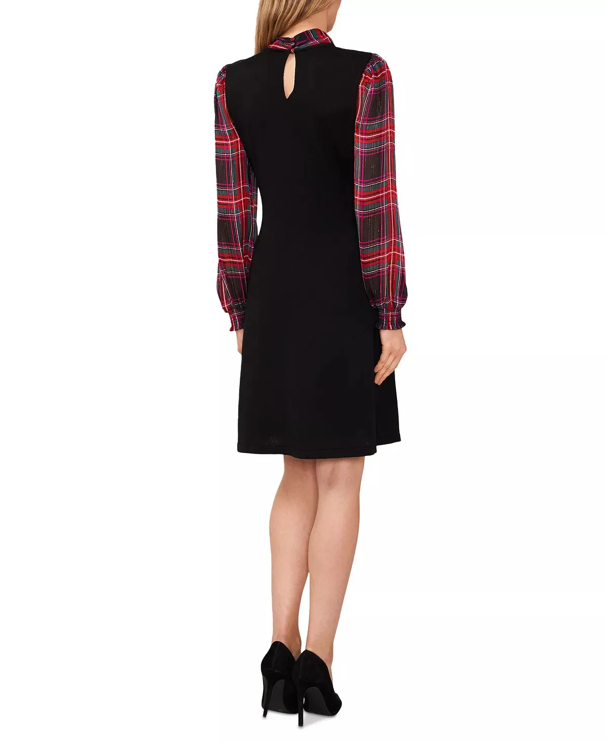 CeCe Tartan Bow Tie-Neck & Sleeve Mixed Media Sweater Dress