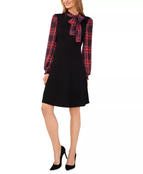 CeCe Tartan Bow Tie-Neck & Sleeve Mixed Media Sweater Dress