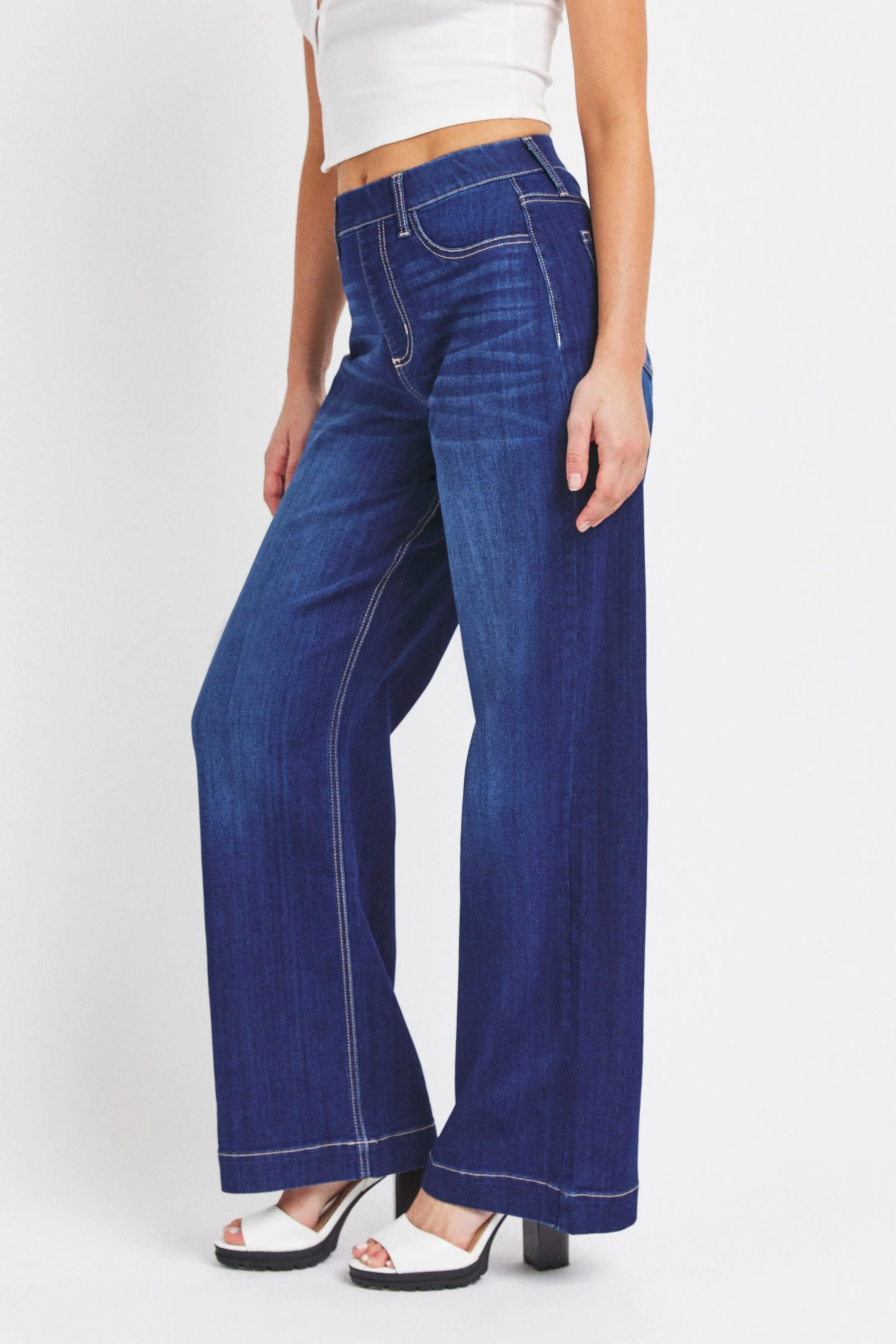 Cello Jeans High Rise Pull on Wide Leg Jeans in Dark Denim