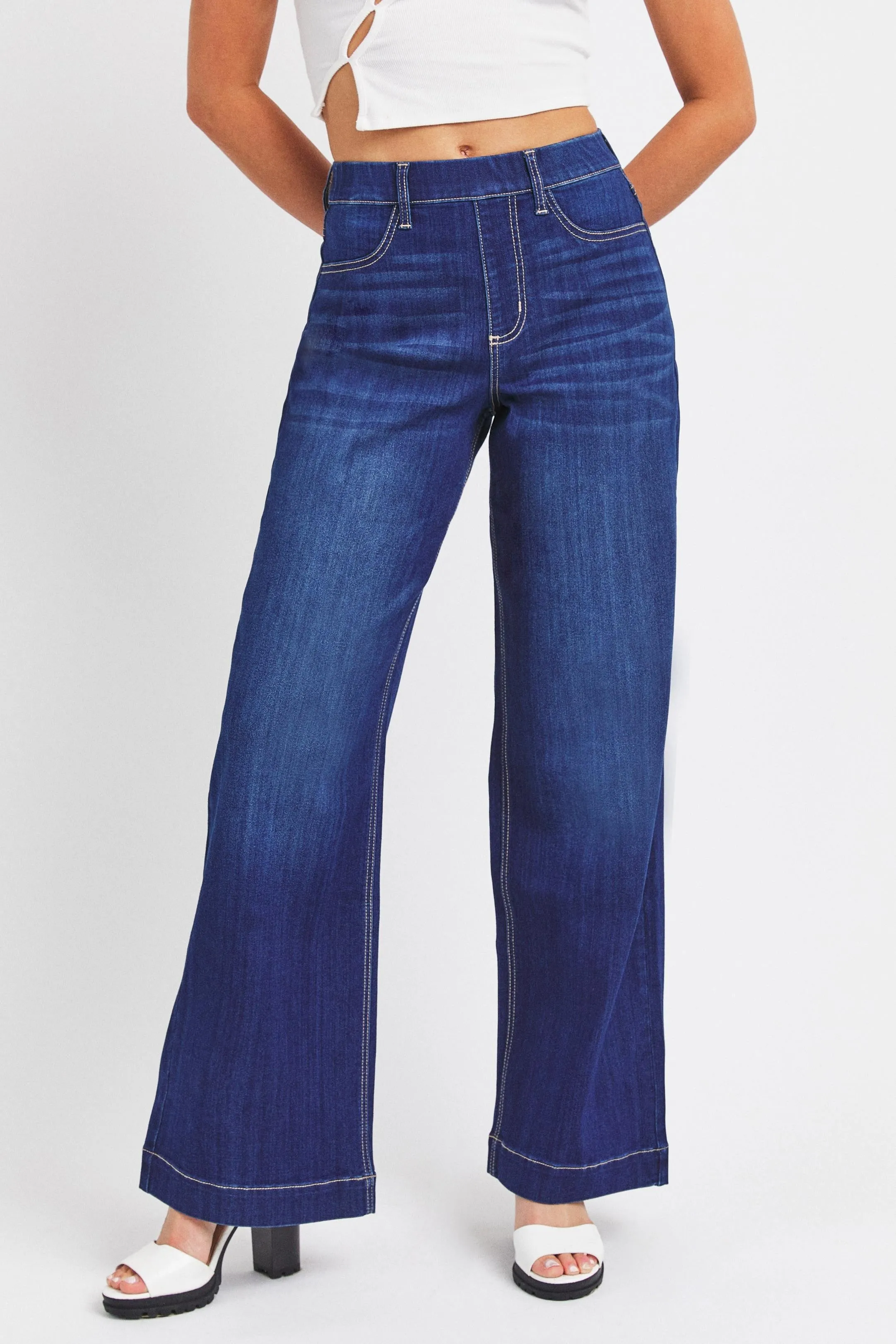 Cello Jeans High Rise Pull on Wide Leg Jeans in Dark Denim