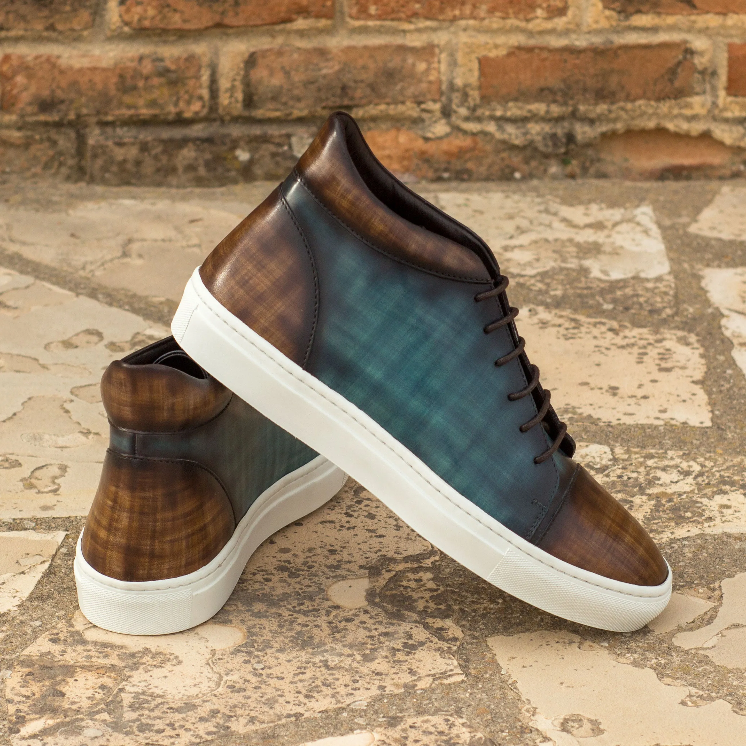 DapperFam Cassian in Denim / Brown Men's Italian Leather High Top