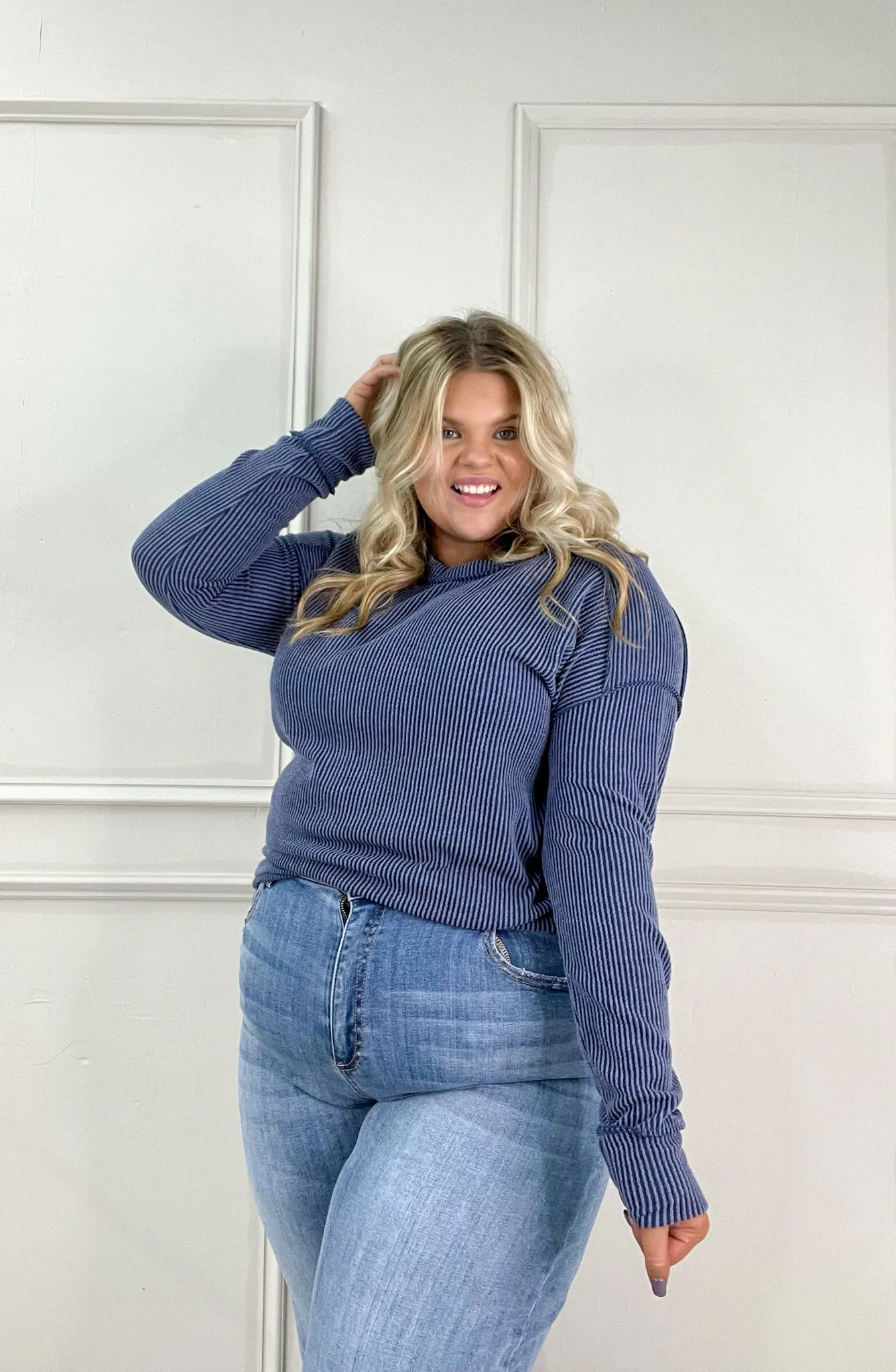 Dark Denim Ribbed Long Sleeve Top