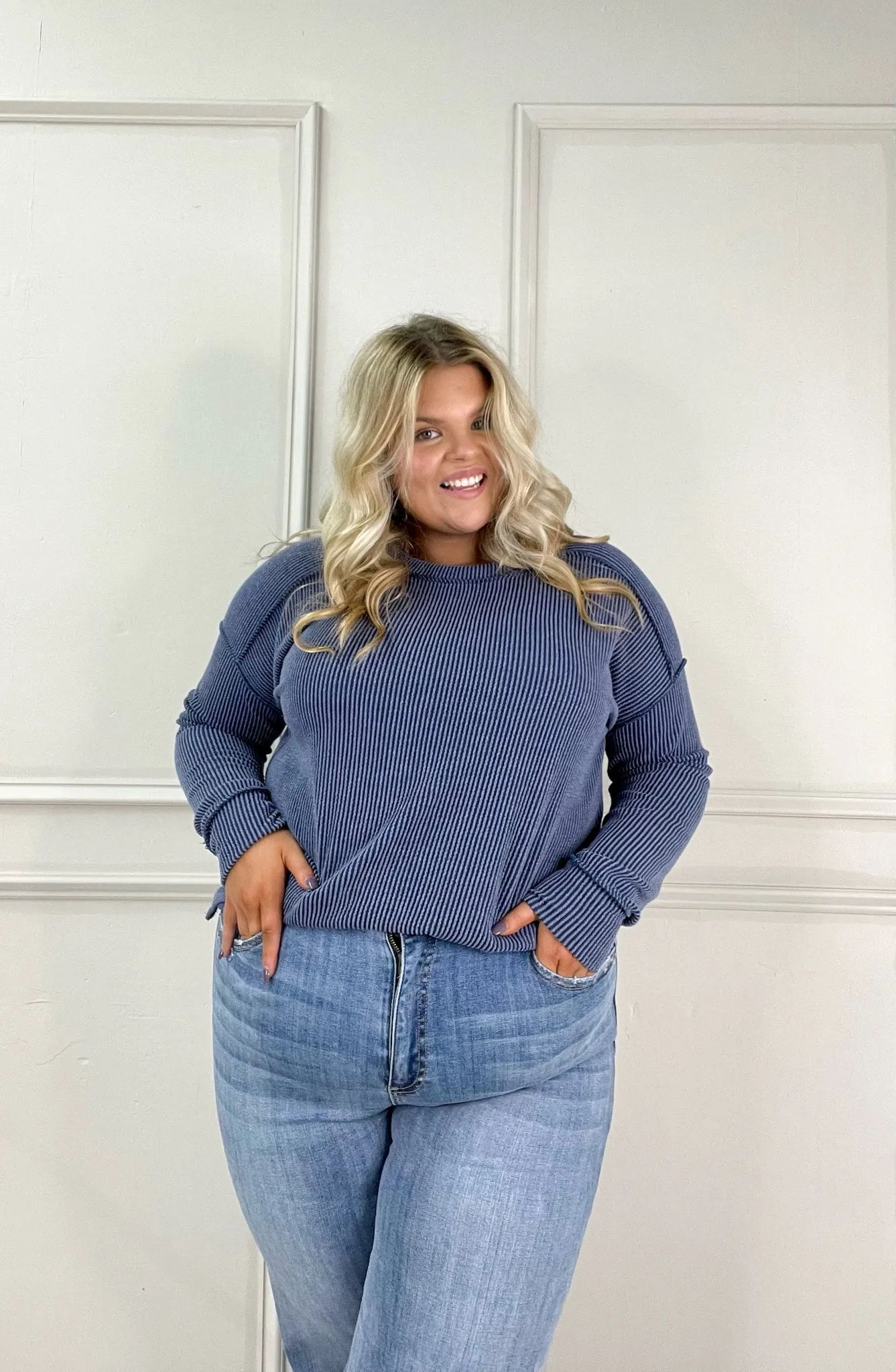 Dark Denim Ribbed Long Sleeve Top