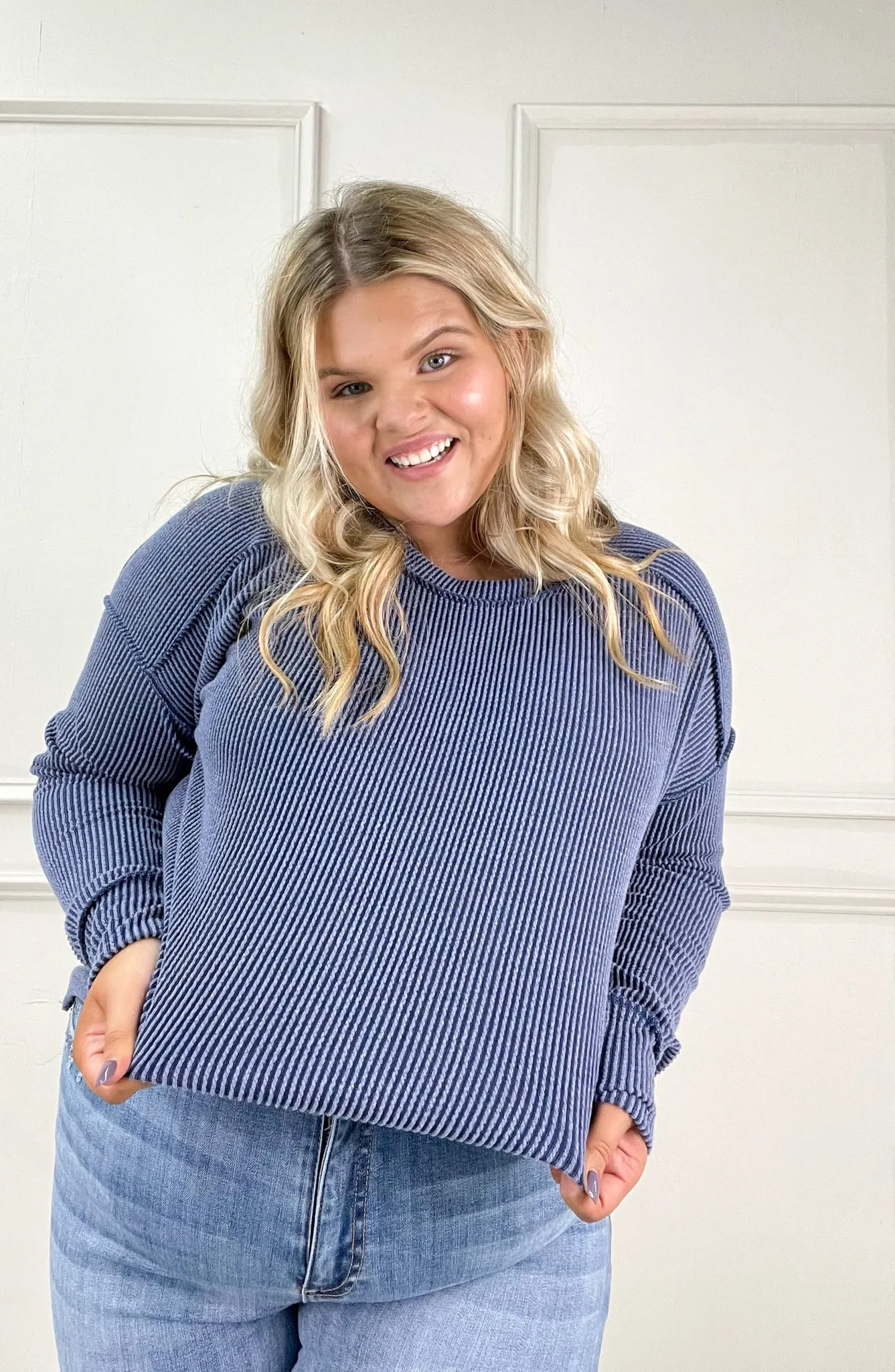 Dark Denim Ribbed Long Sleeve Top