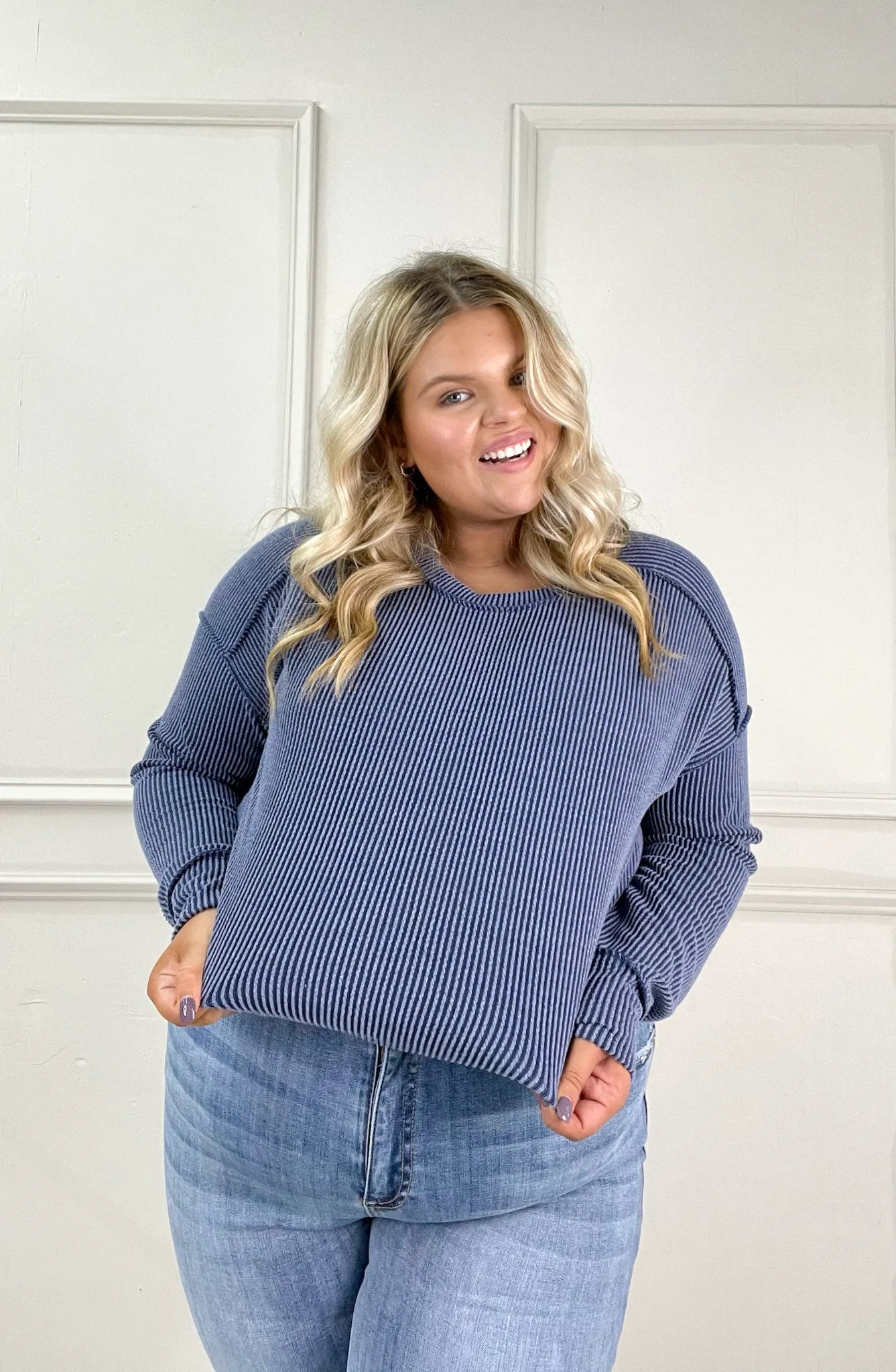 Dark Denim Ribbed Long Sleeve Top