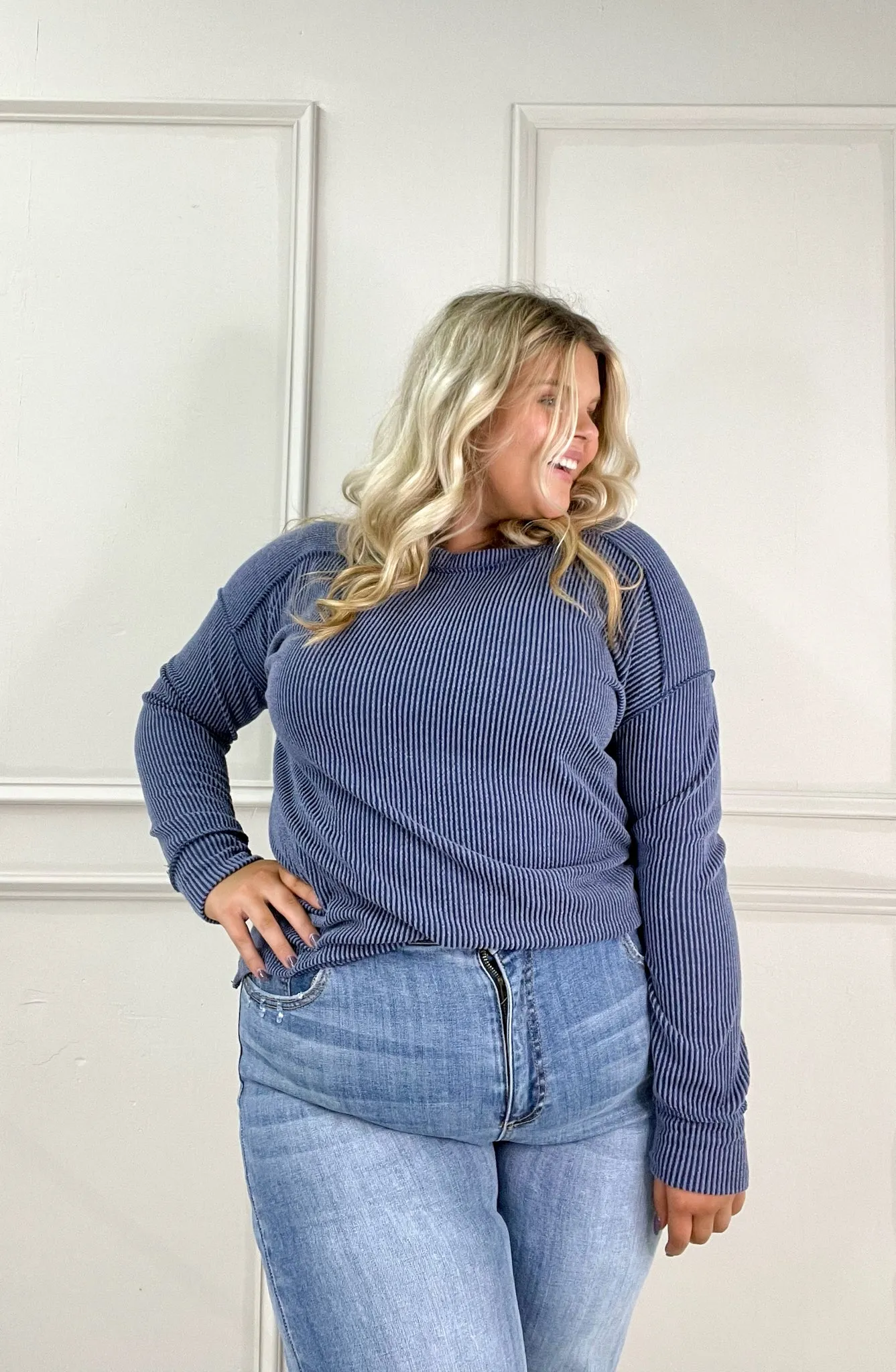 Dark Denim Ribbed Long Sleeve Top