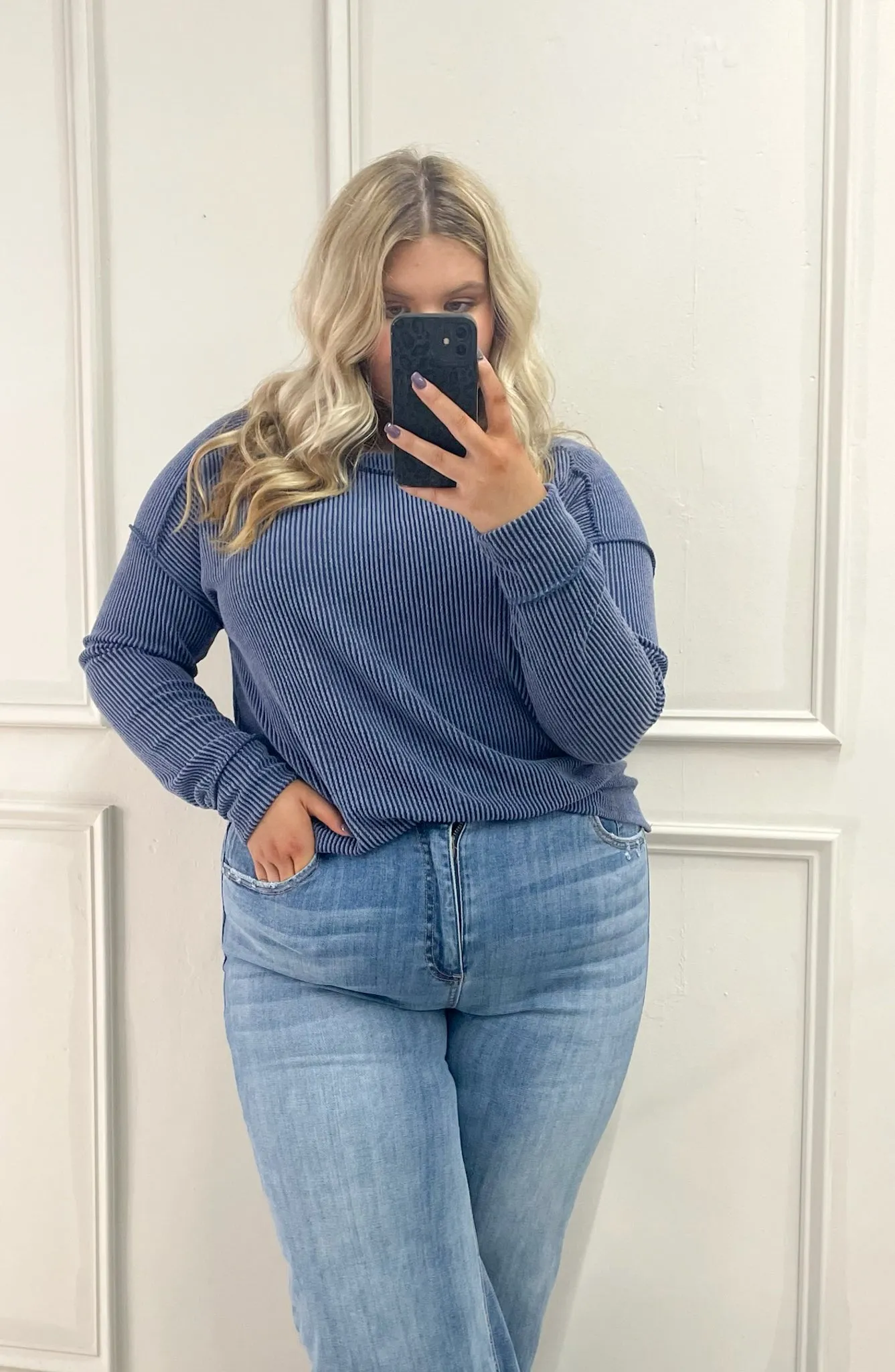 Dark Denim Ribbed Long Sleeve Top