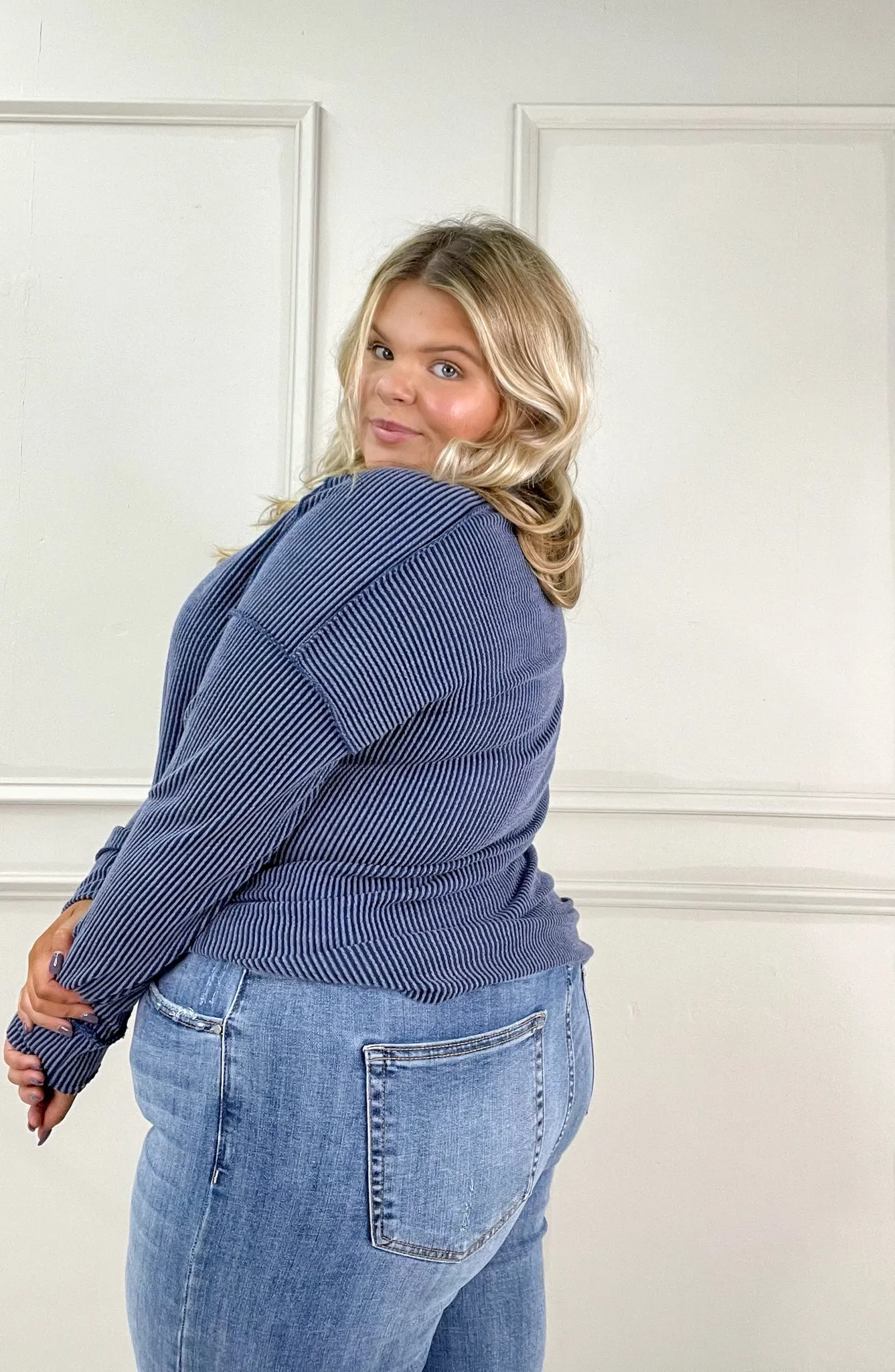 Dark Denim Ribbed Long Sleeve Top